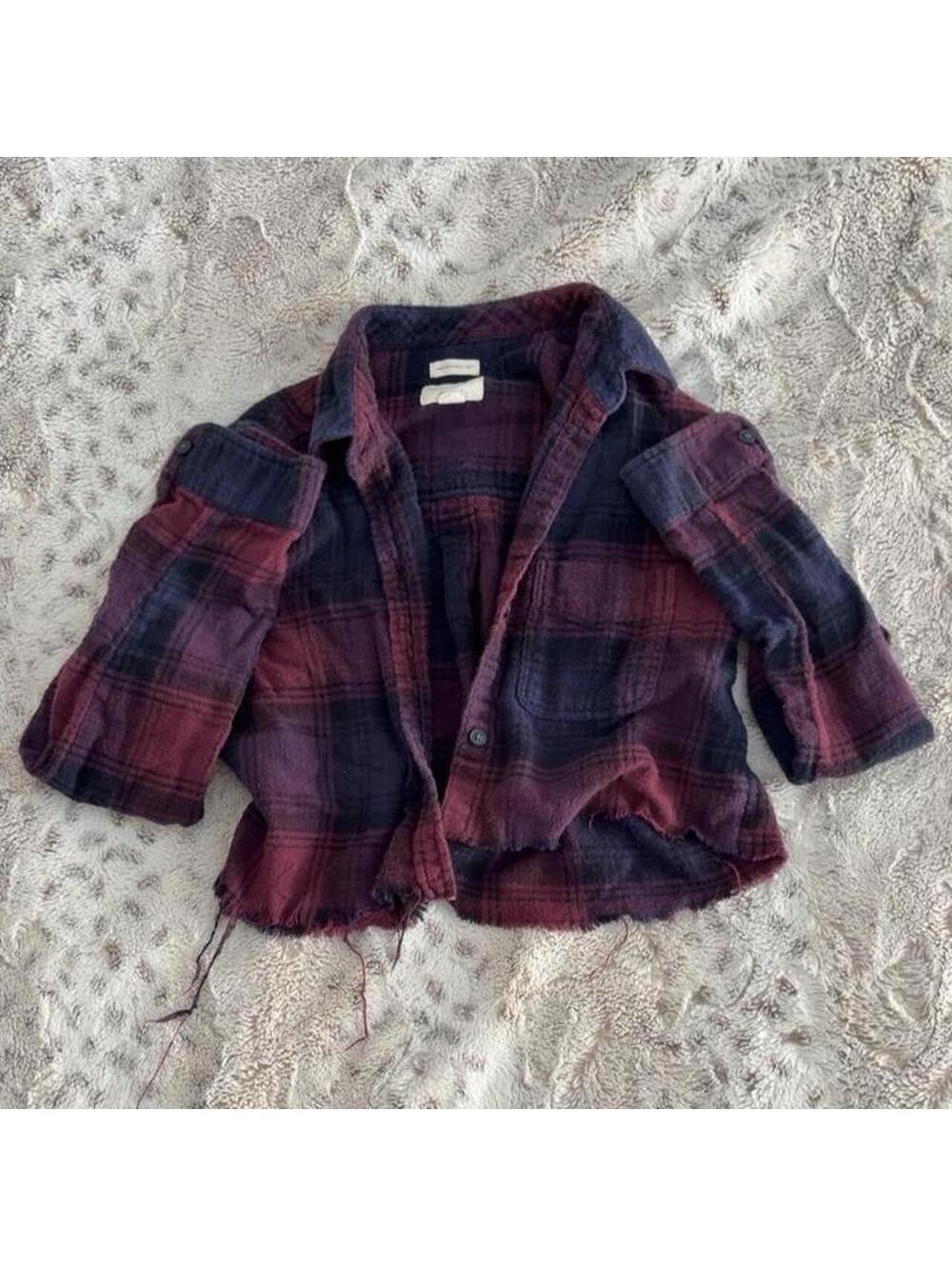 american eagle outfitters burgundy, purple, and navy plaid cropped flannel shirt
